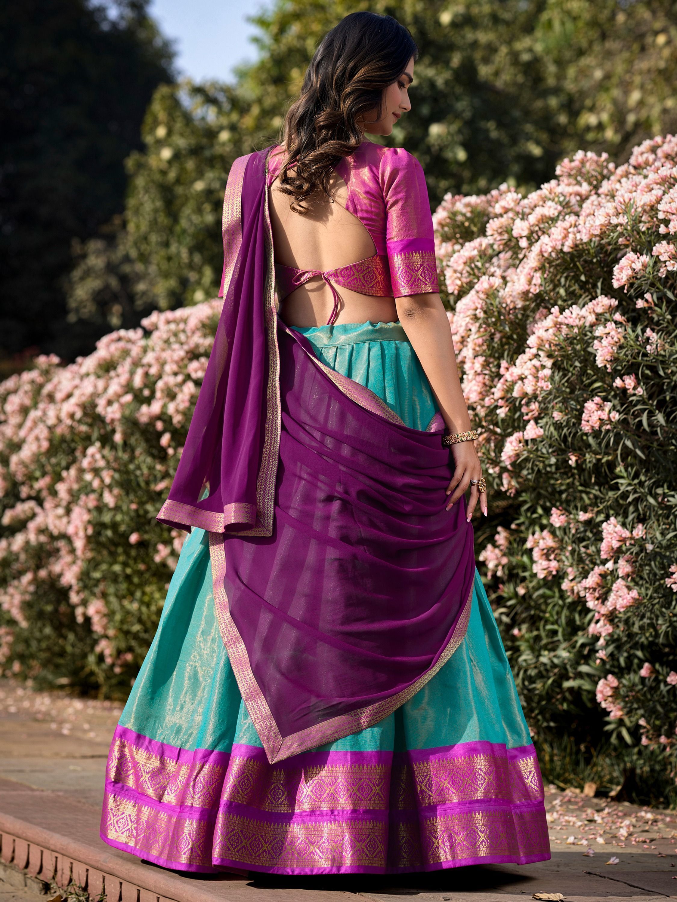 Sky Blue Kanchipuram Silk Zari Weaving Work Traditional Lehenga Choli