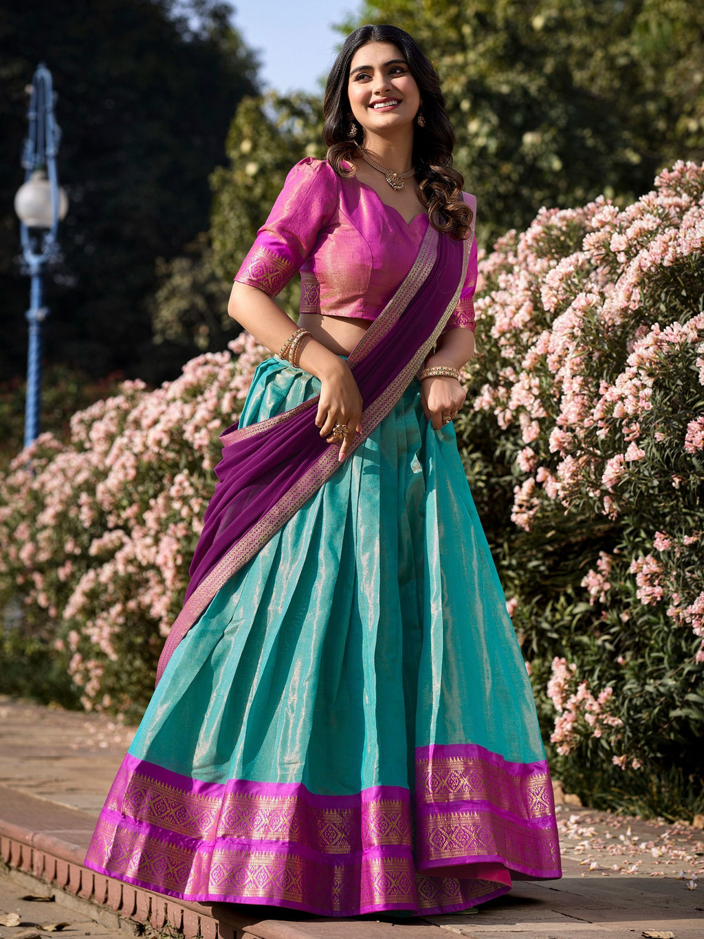 Sky Blue Kanchipuram Silk Zari Weaving Work Traditional Lehenga Choli