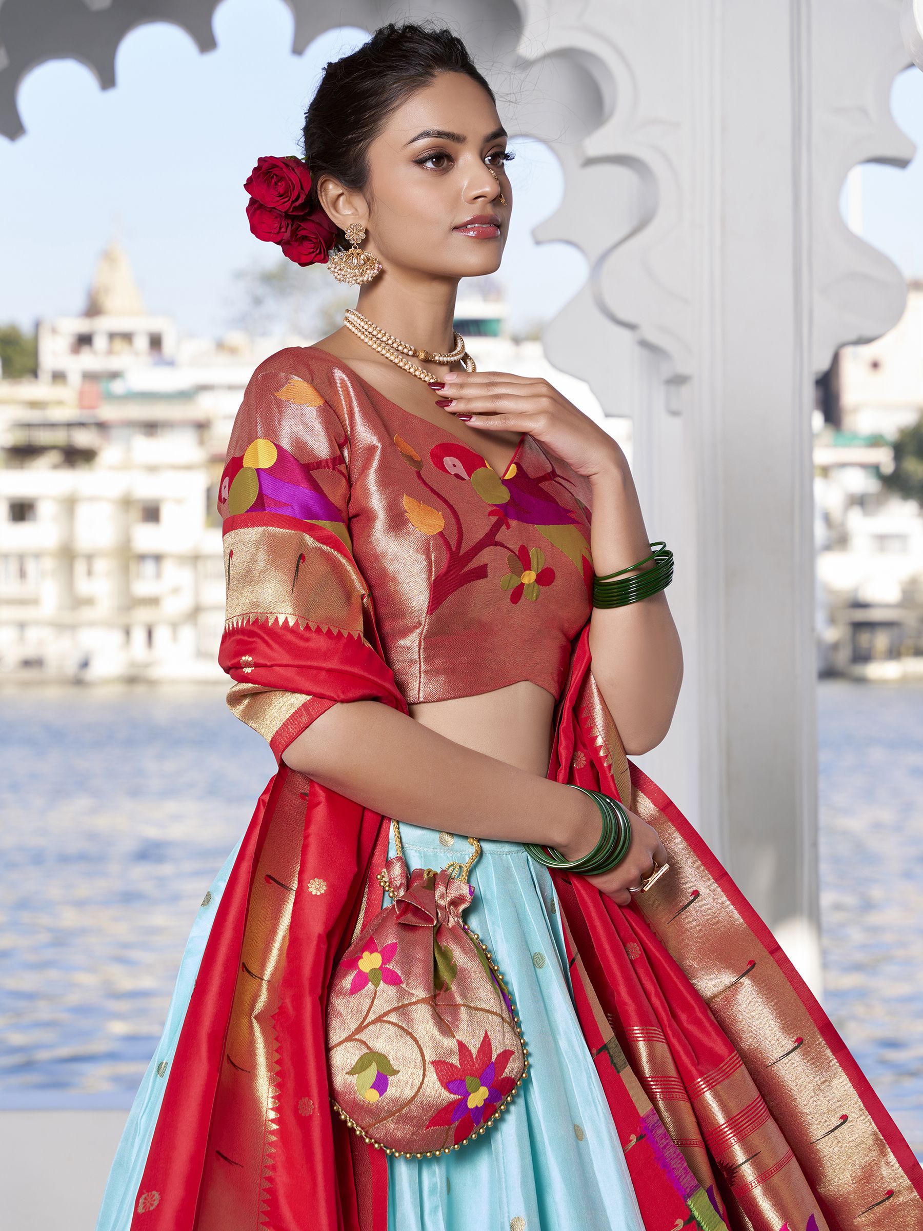 Sky Blue Jacquard Silk Paithani Lehenga Choli with zari weaving, lace accents, tassel dupatta, and matching batwa – traditional Maharashtrian festive attire