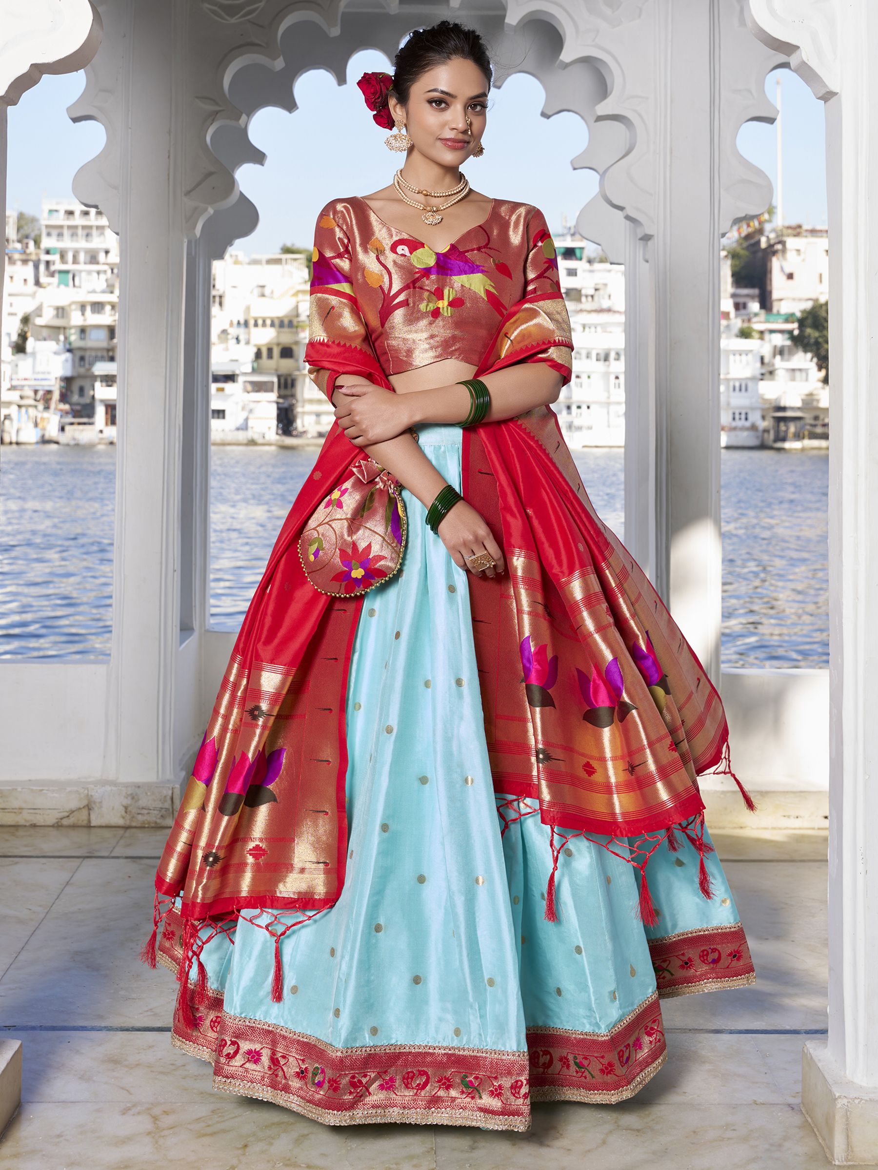 Sky Blue Jacquard Silk Paithani Lehenga Choli with zari weaving, lace accents, tassel dupatta, and matching batwa – traditional Maharashtrian festive attire