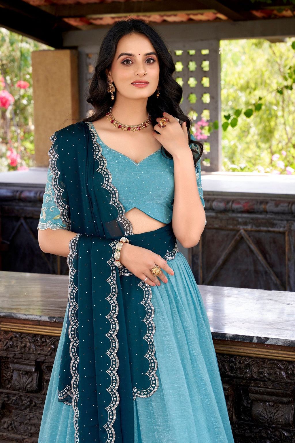Sky Blue Silver Glossy Embroidered with Hotfix Work Lehenga Choli