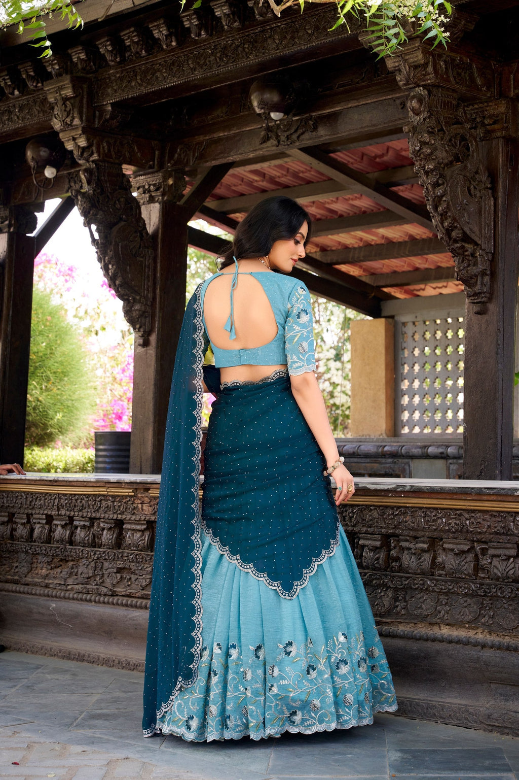 Sky Blue Silver Glossy Embroidered with Hotfix Work Lehenga Choli