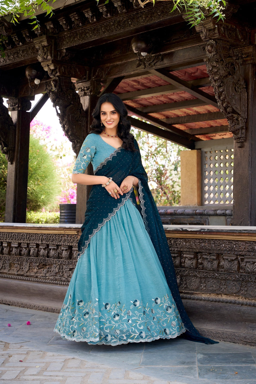 Sky Blue Silver Glossy Embroidered with Hotfix Work Lehenga Choli