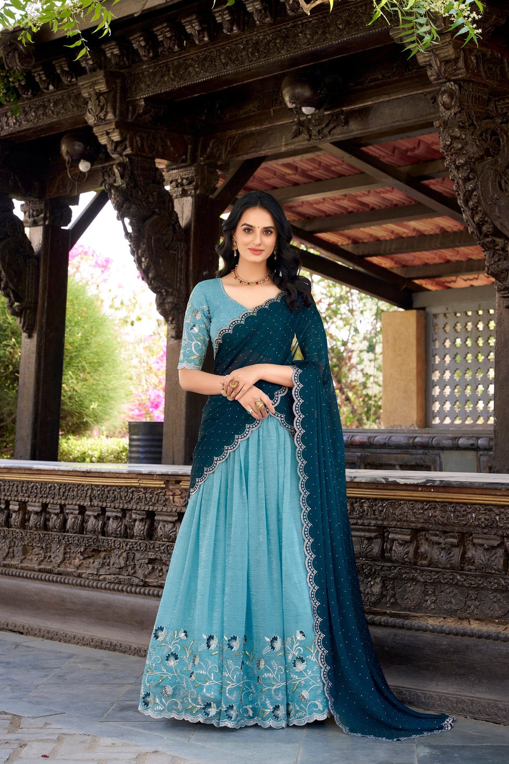 Sky Blue Silver Glossy Embroidered with Hotfix Work Lehenga Choli