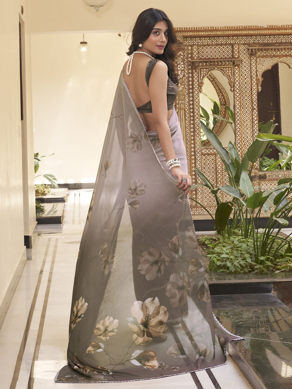 Smoky Olive Grey Marble Saree with Floral Print & Lace Border