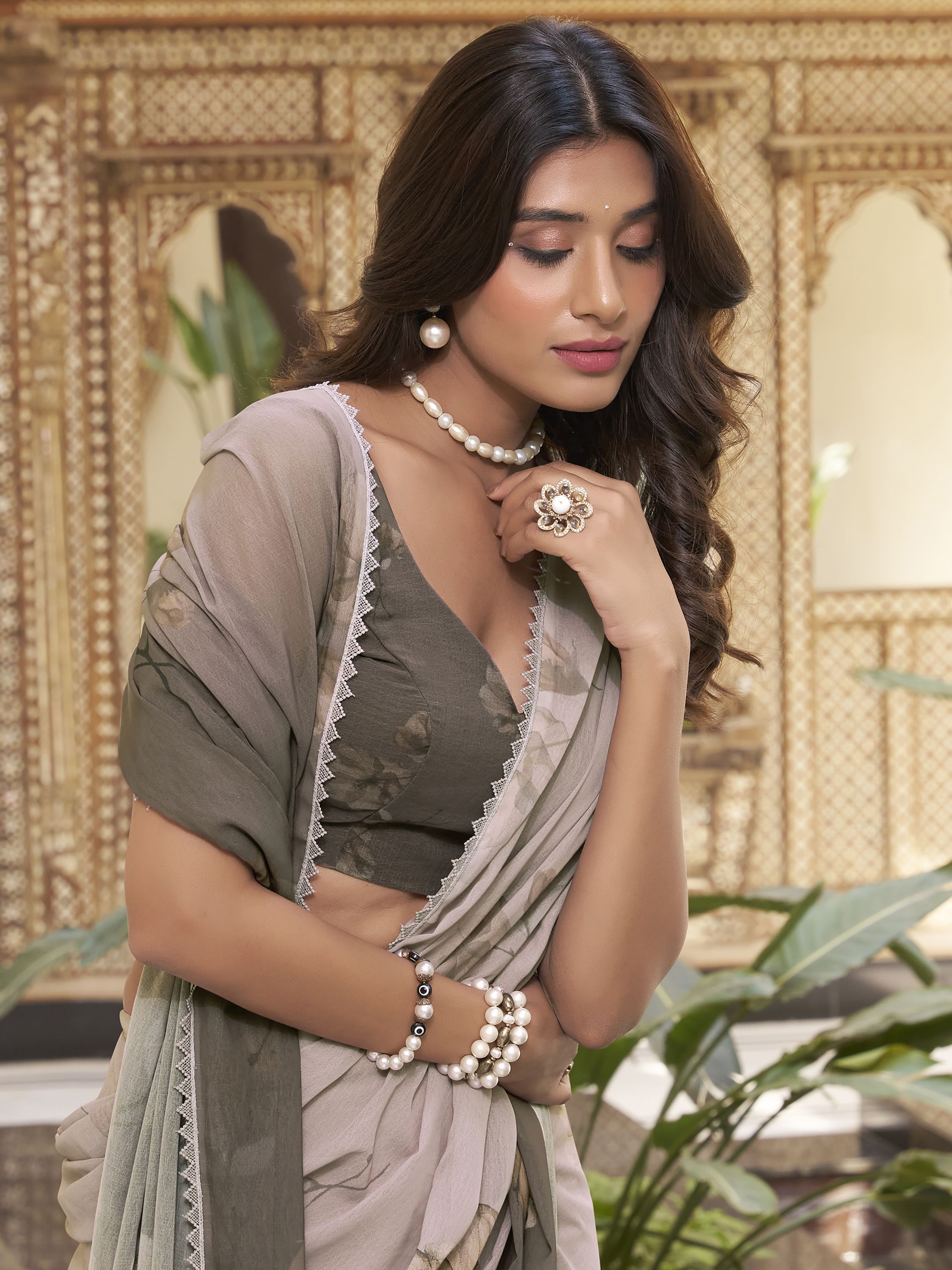 Smoky Olive Grey Marble Saree with Floral Print & Lace Border