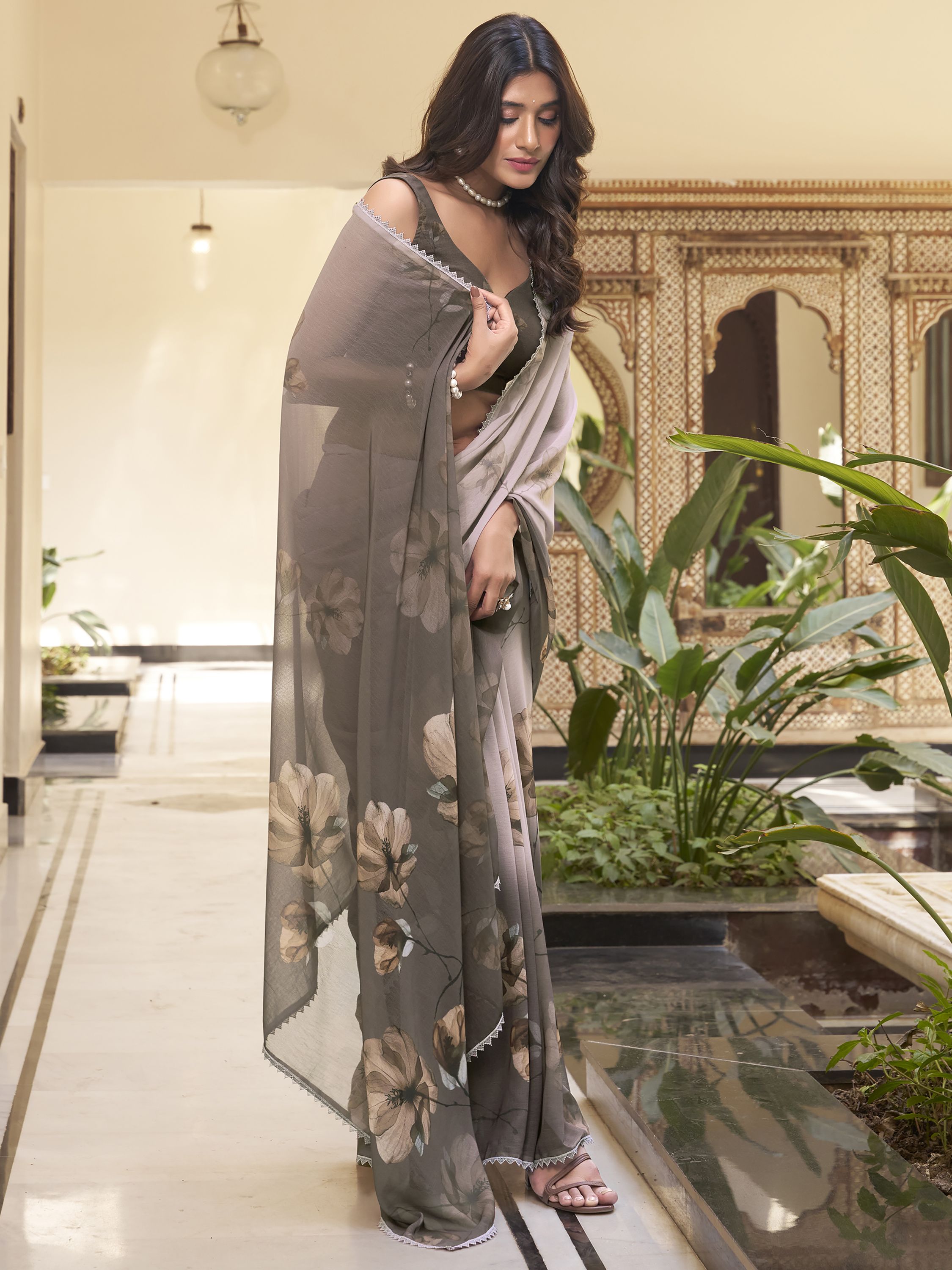 Smoky Olive Grey Marble Saree with Floral Print & Lace Border