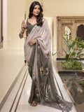 Smoky Olive Grey Marble Saree with Floral Print & Lace Border