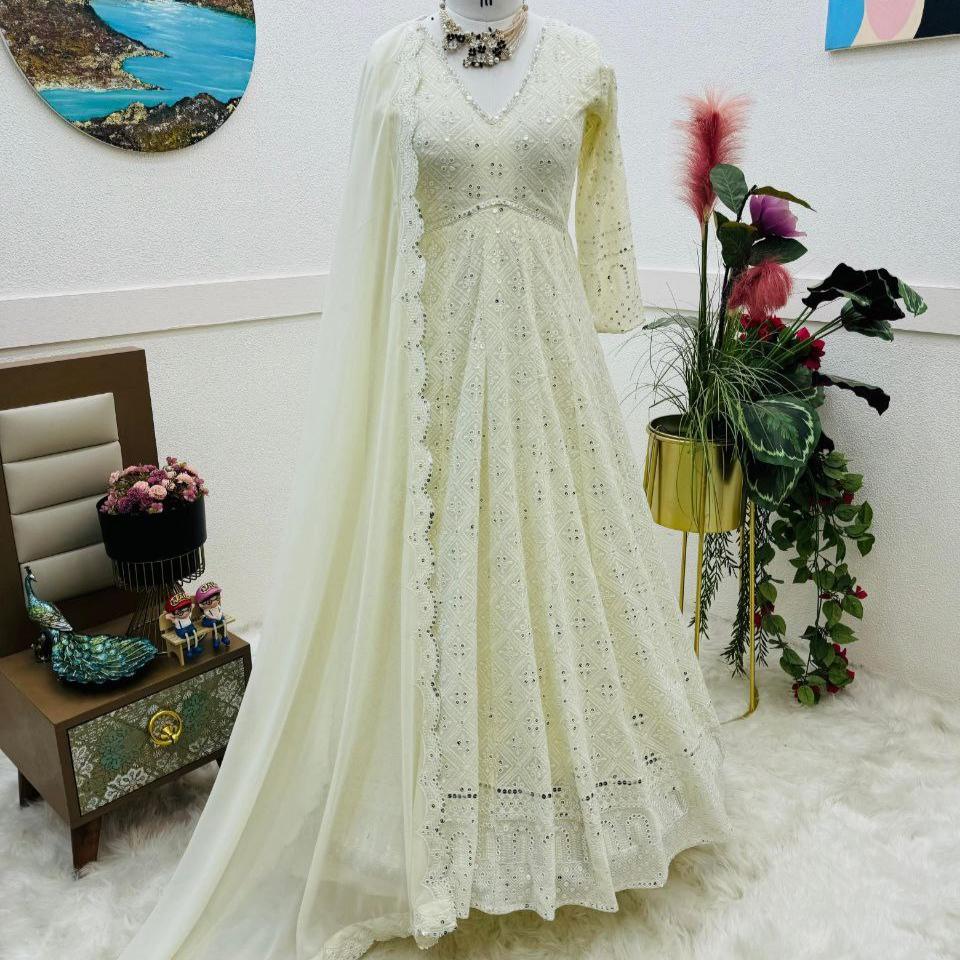 Aavya White Embroidered Anarkali Flared Gown Set