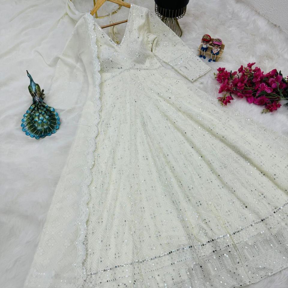 Aavya White Embroidered Anarkali Flared Gown Set