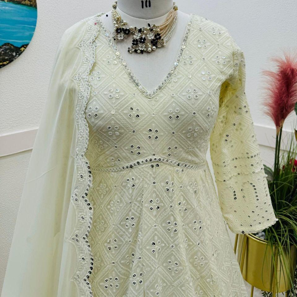 Aavya White Embroidered Anarkali Flared Gown Set