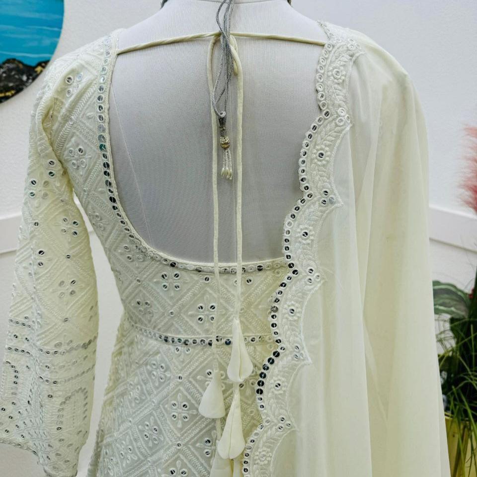 Aavya White Embroidered Anarkali Flared Gown Set