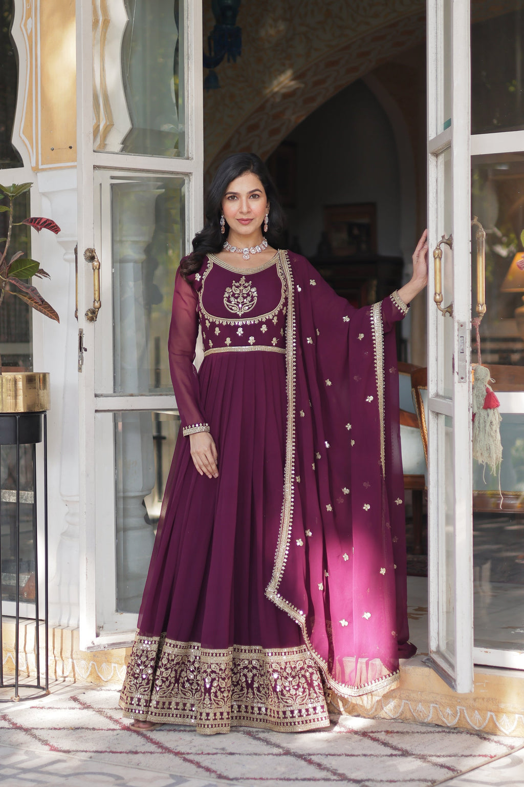 Soumi Wine Georgette Embroidered Anarkali Gown Set
