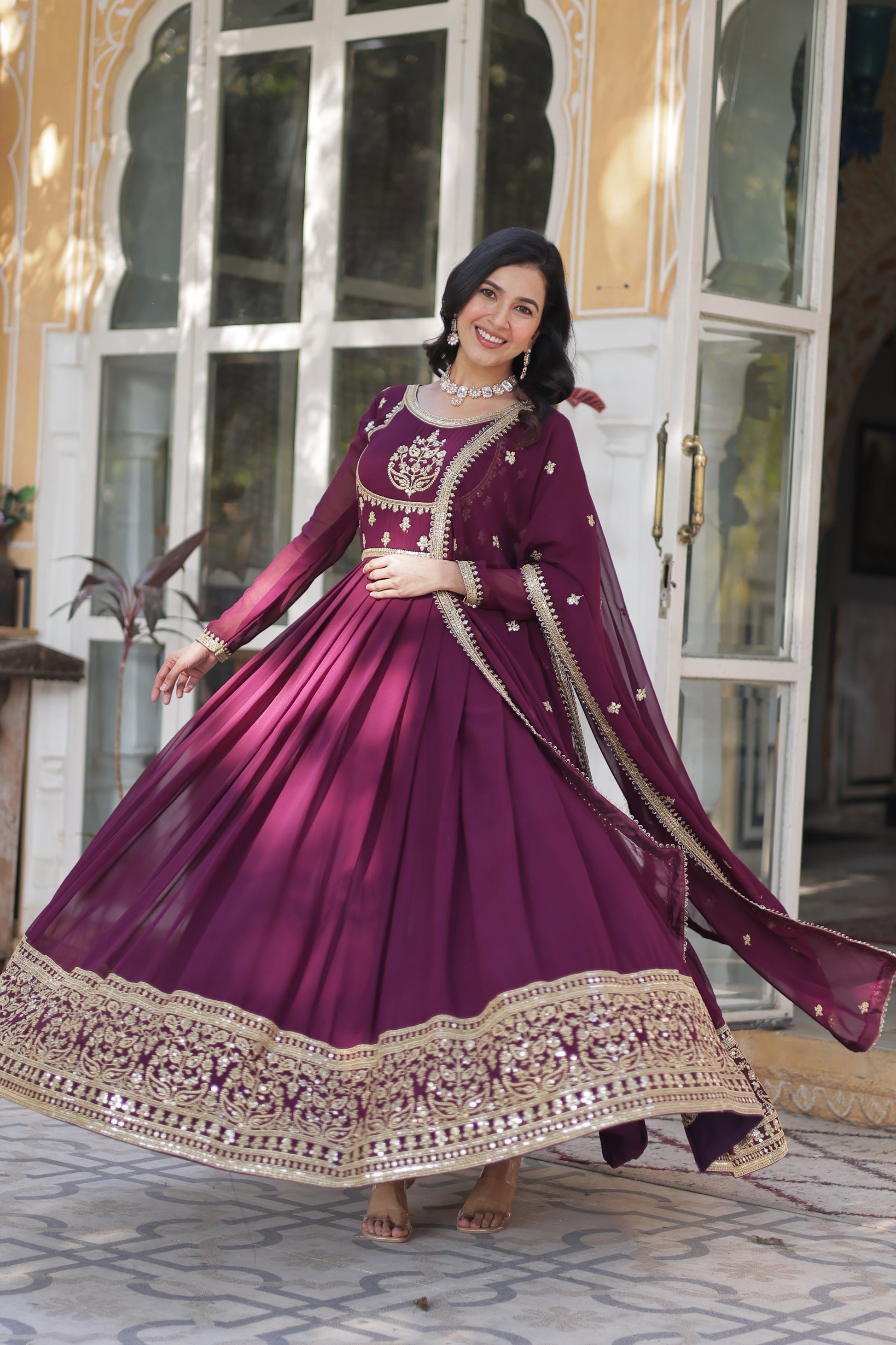 Soumi Wine Georgette Embroidered Anarkali Gown Set