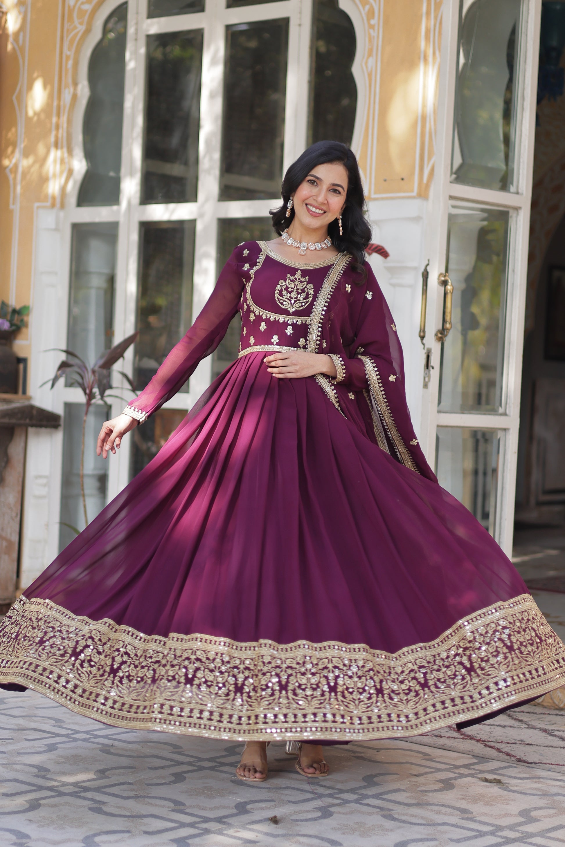 Soumi Wine Georgette Embroidered Anarkali Gown Set