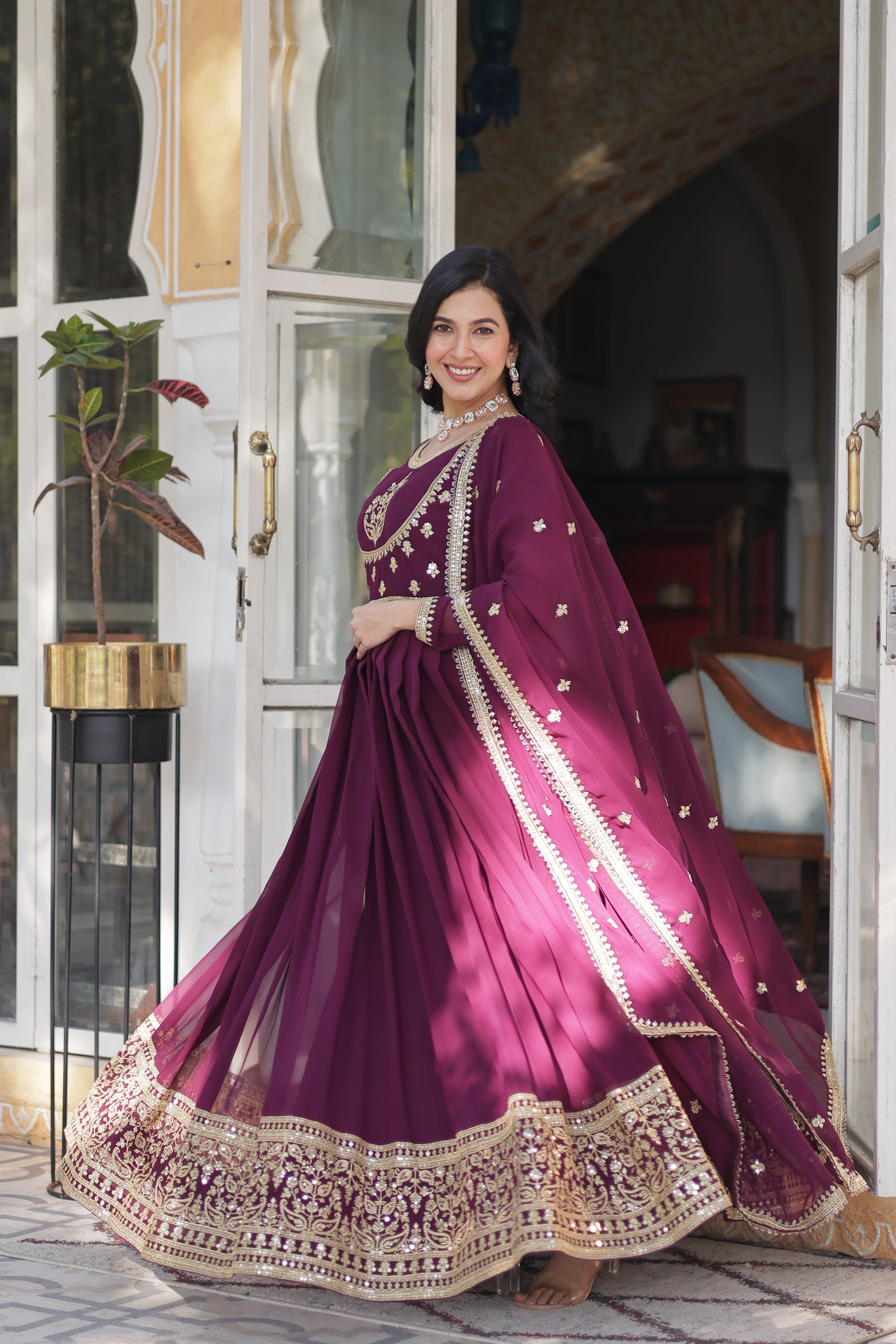 Soumi Wine Georgette Embroidered Anarkali Gown Set