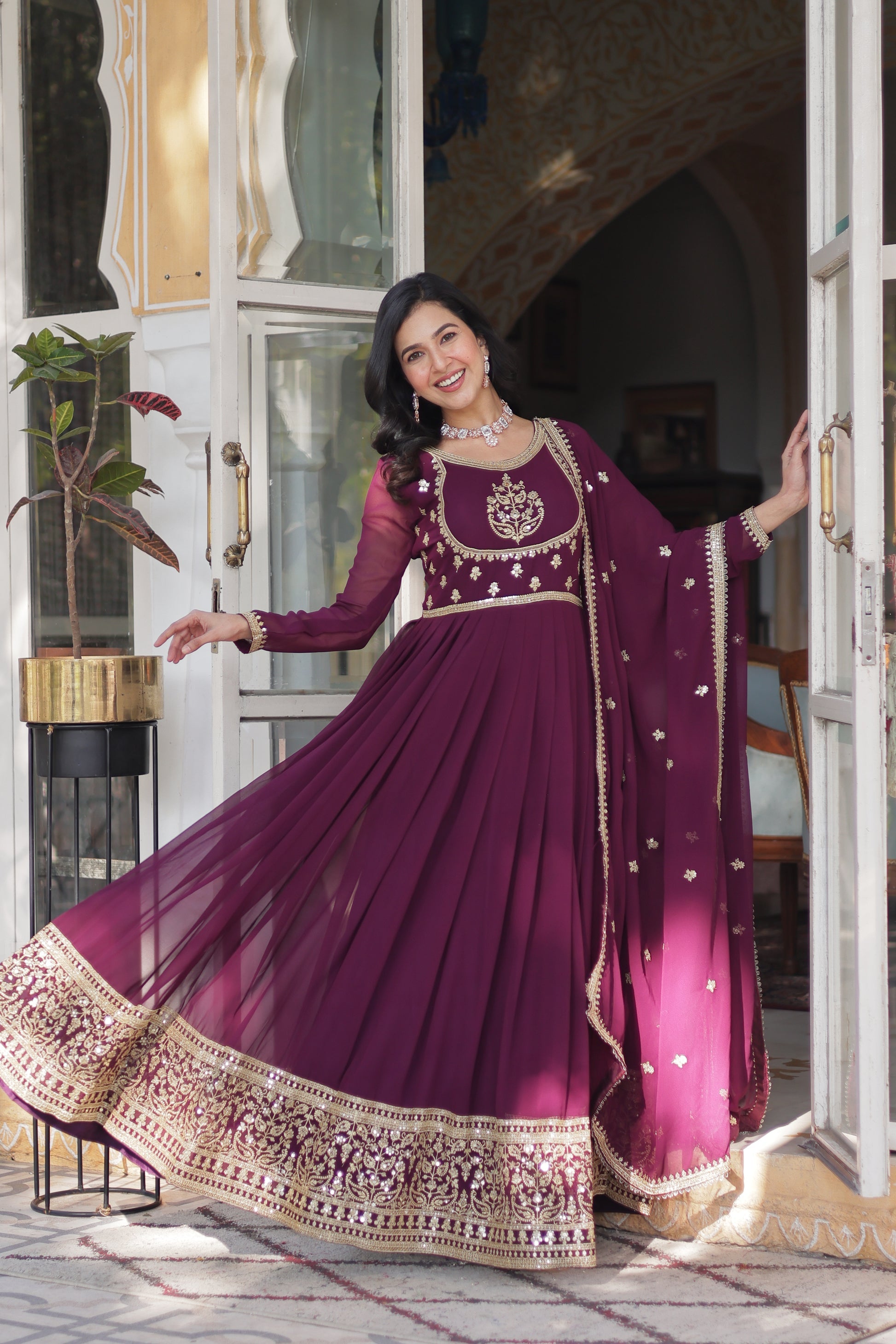 Soumi Wine Georgette Embroidered Anarkali Gown Set