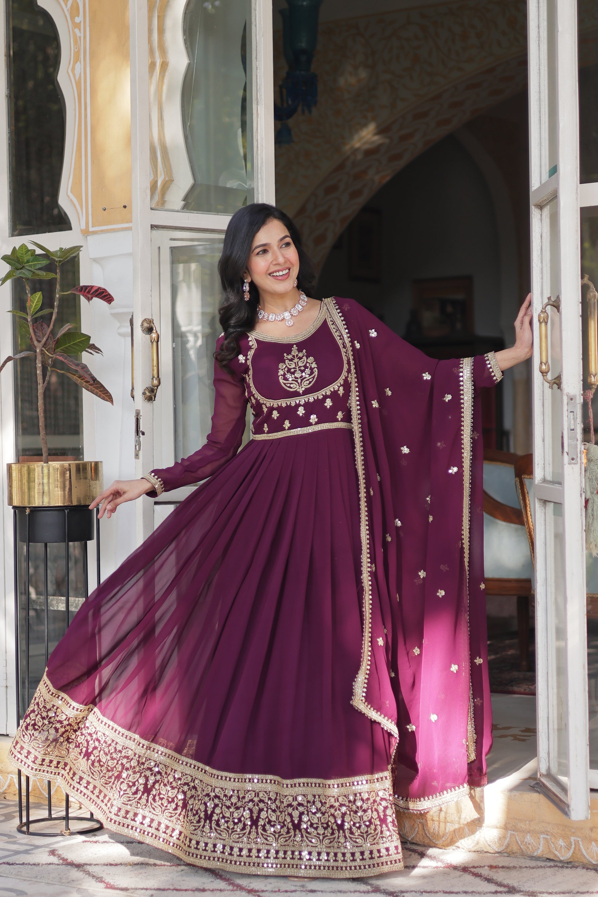 Soumi Wine Georgette Embroidered Anarkali Gown Set