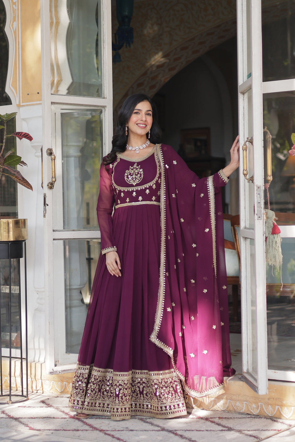 Soumi Wine Georgette Embroidered Anarkali Gown Set