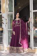Soumi Wine Georgette Embroidered Anarkali Gown Set