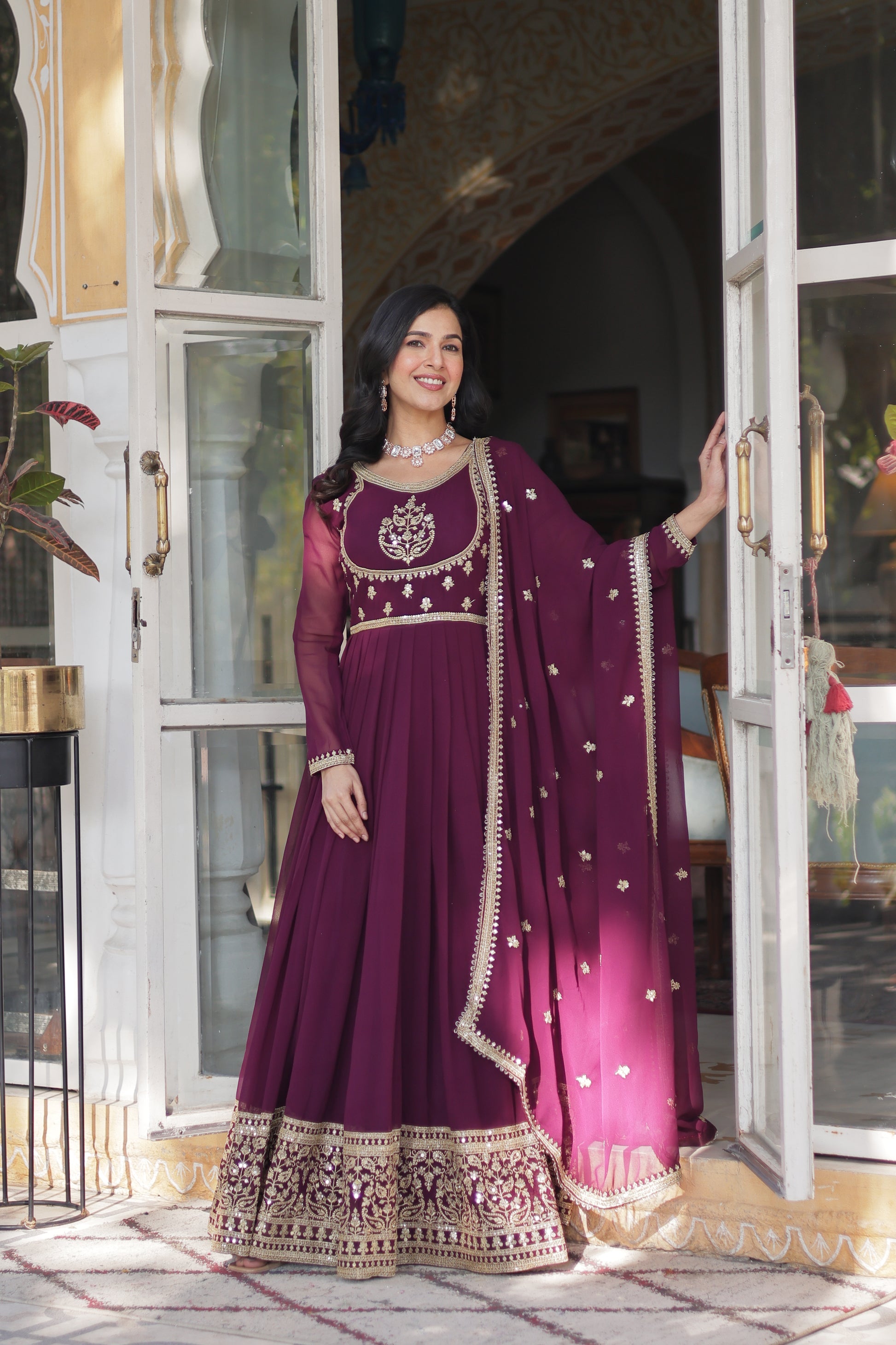 Soumi Wine Georgette Embroidered Anarkali Gown Set