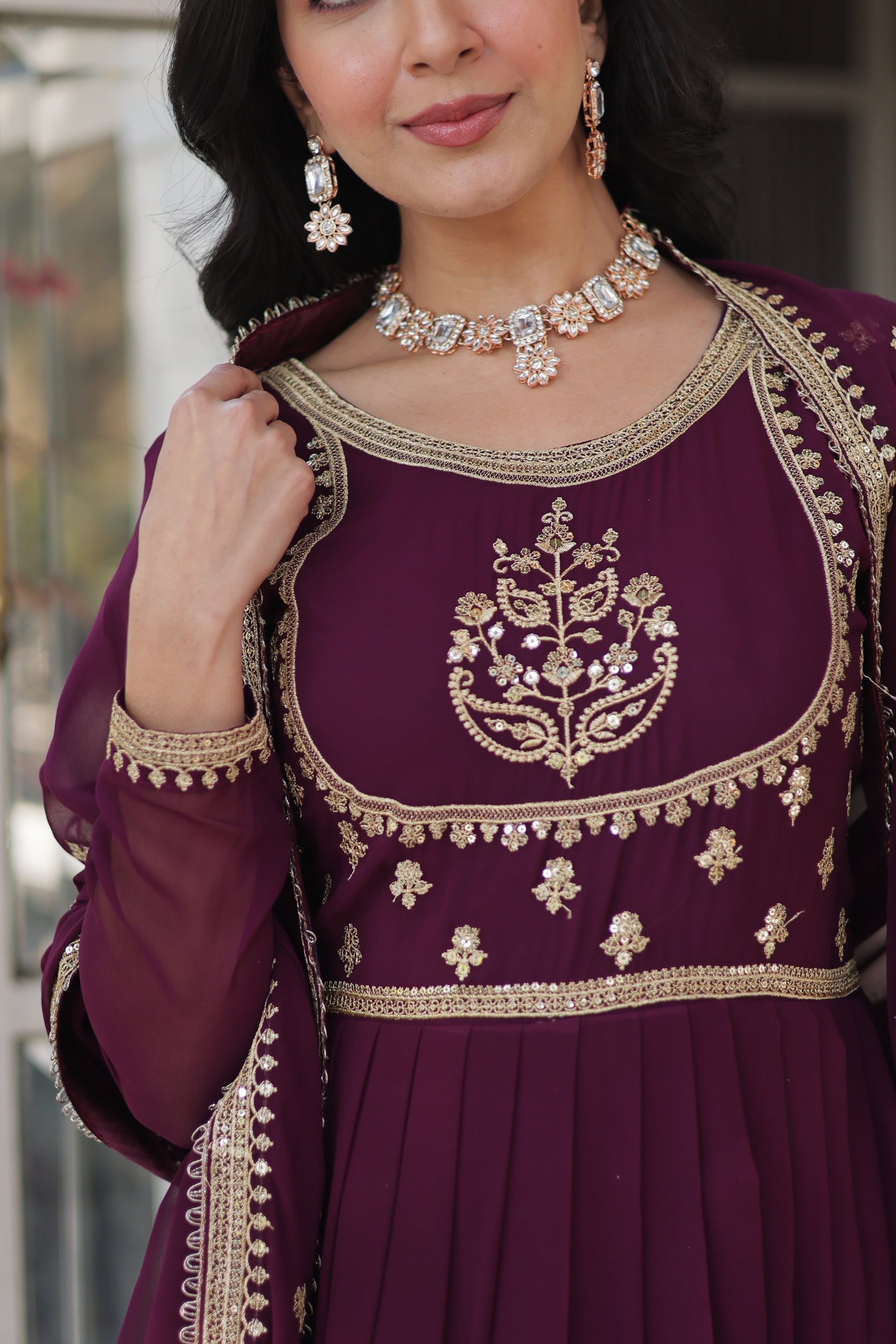 Soumi Wine Georgette Embroidered Anarkali Gown Set