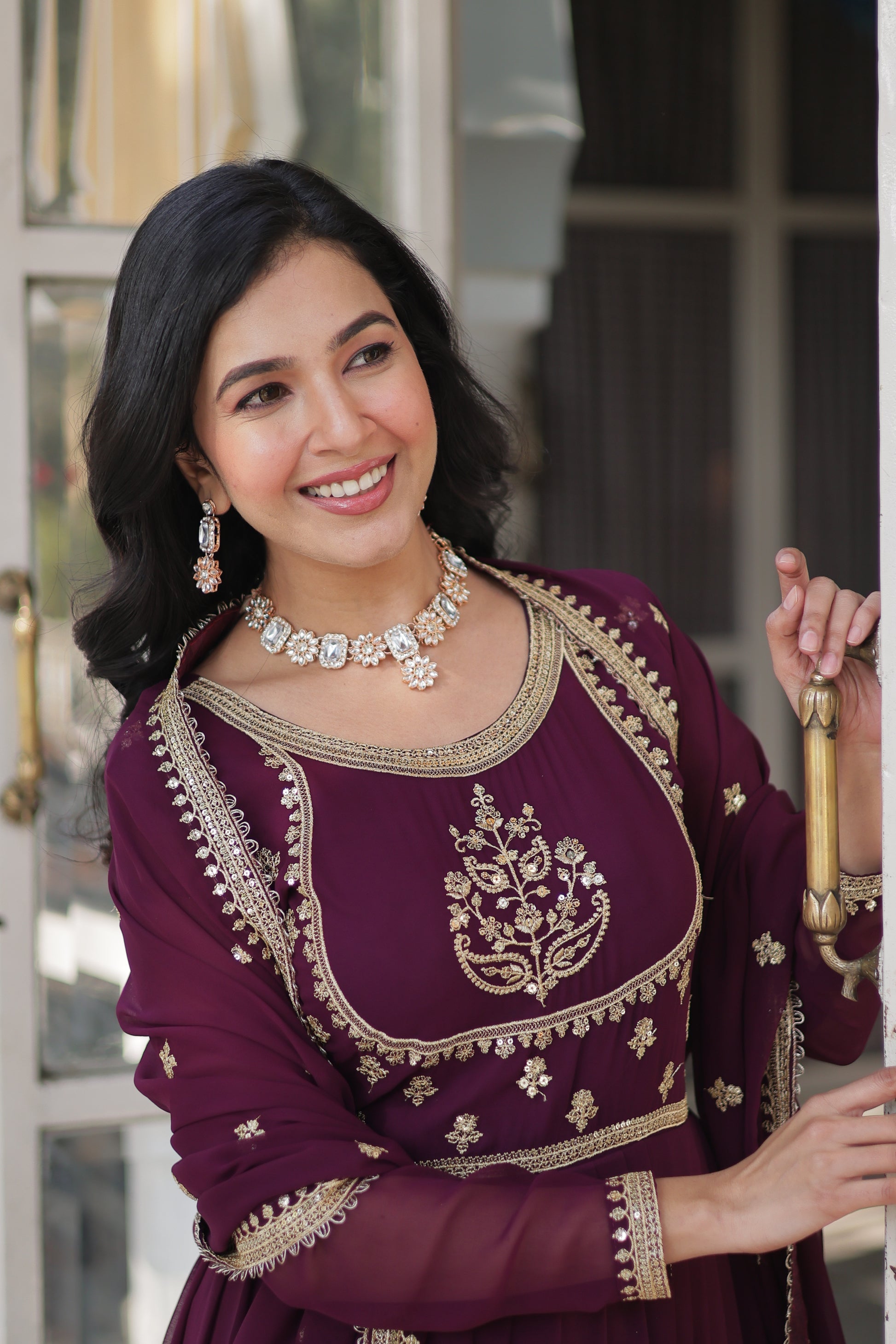 Soumi Wine Georgette Embroidered Anarkali Gown Set