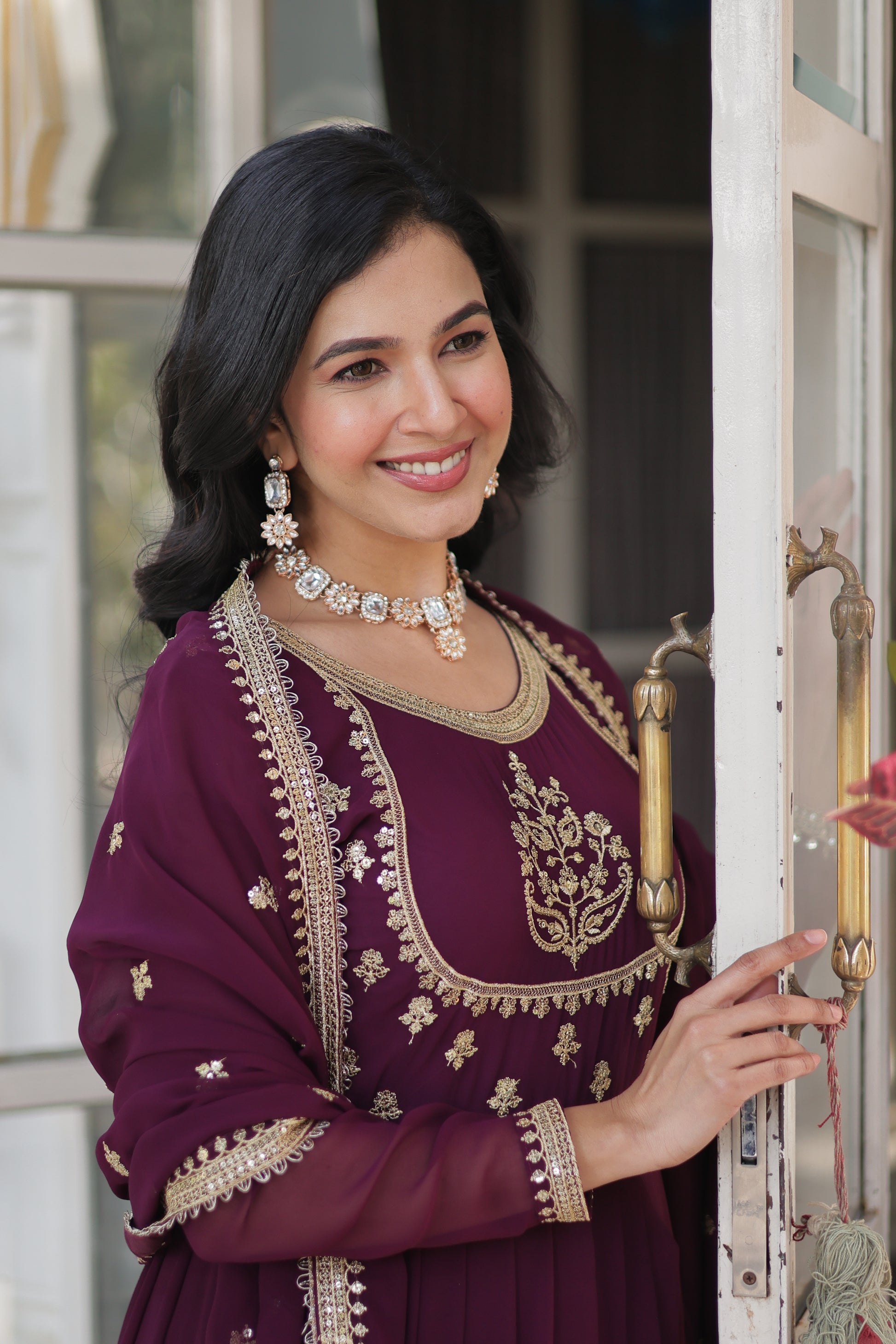 Soumi Wine Georgette Embroidered Anarkali Gown Set