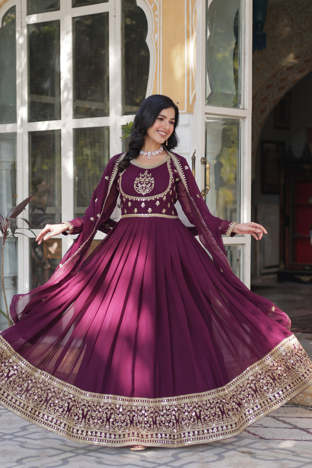 Soumi Wine Georgette Embroidered Anarkali Gown Set