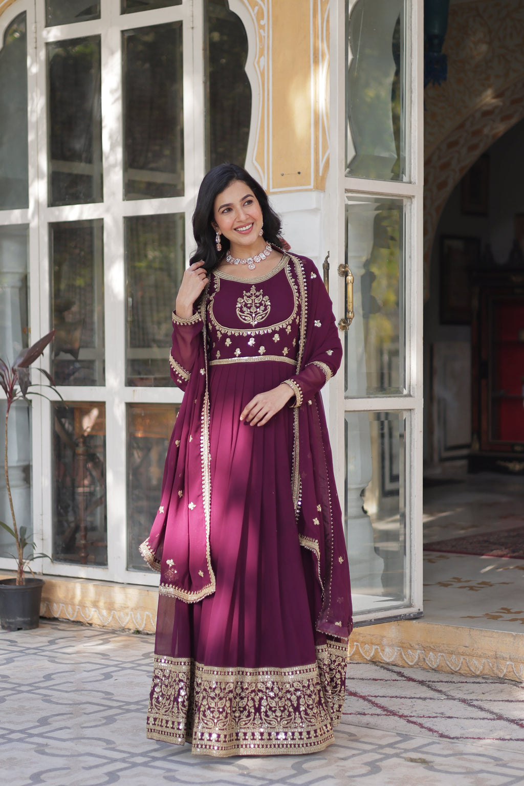 Soumi Wine Georgette Embroidered Anarkali Gown Set