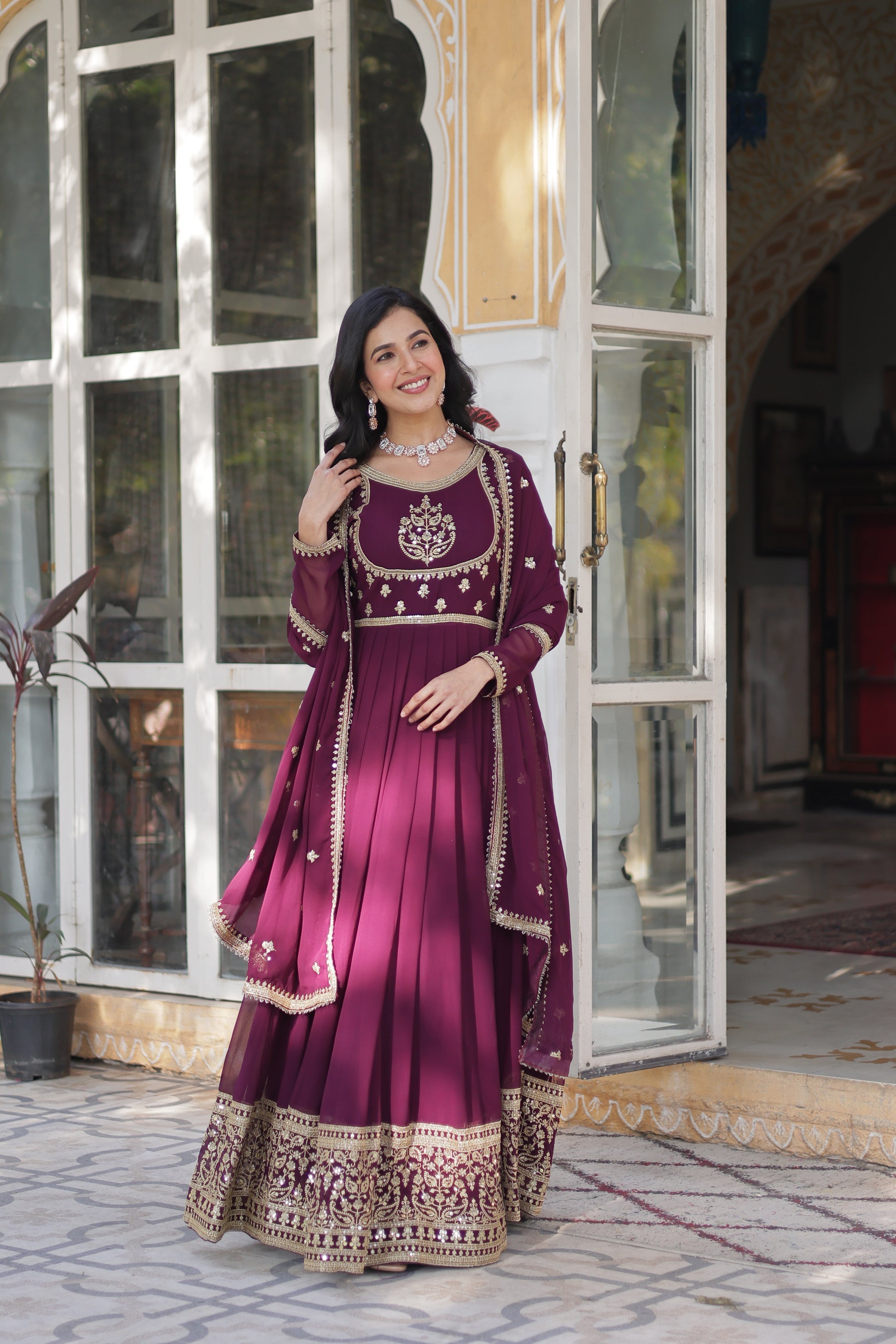 Soumi Wine Georgette Embroidered Anarkali Gown Set