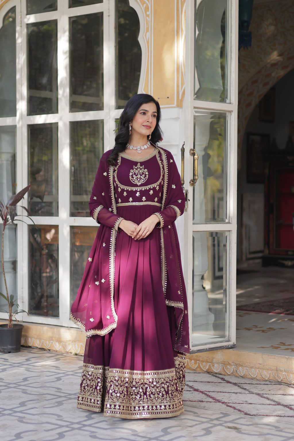 Soumi Wine Georgette Embroidered Anarkali Gown Set