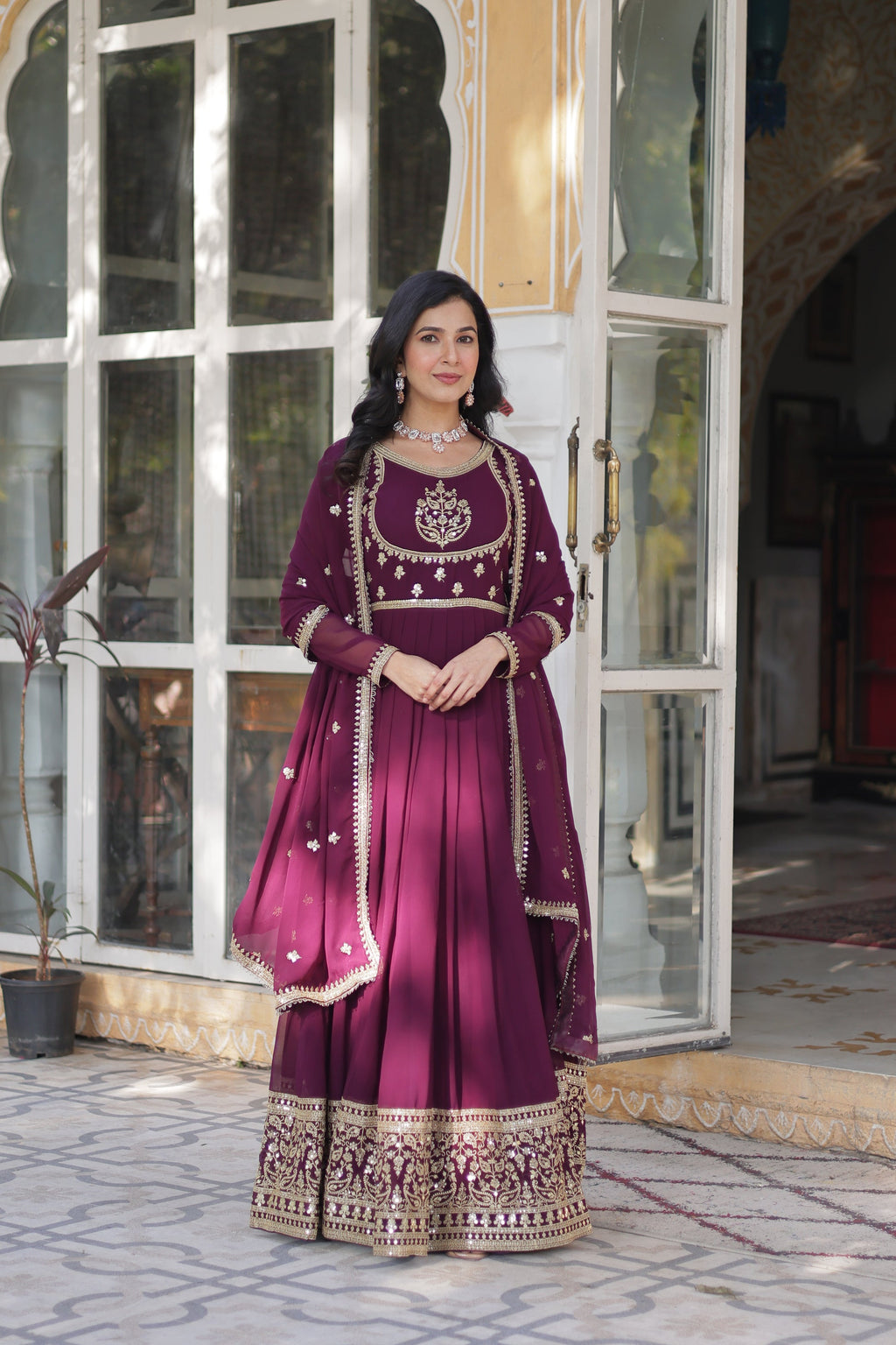 Soumi Wine Georgette Embroidered Anarkali Gown Set
