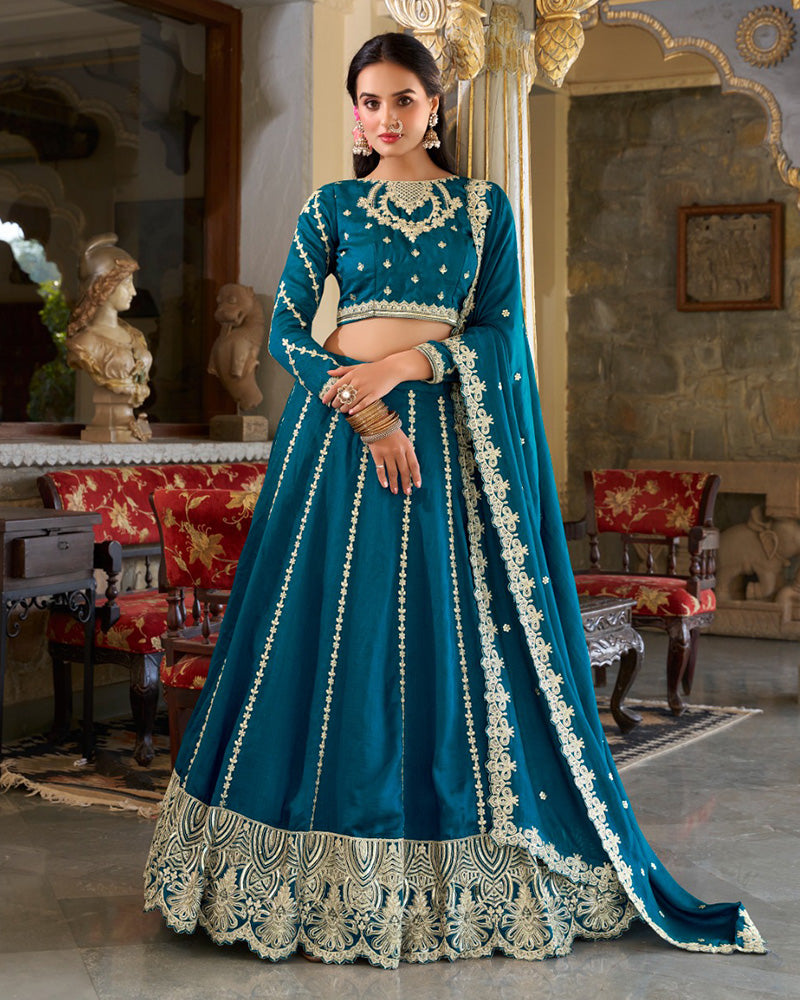 Sravya teal silk embroidered lehenga set
