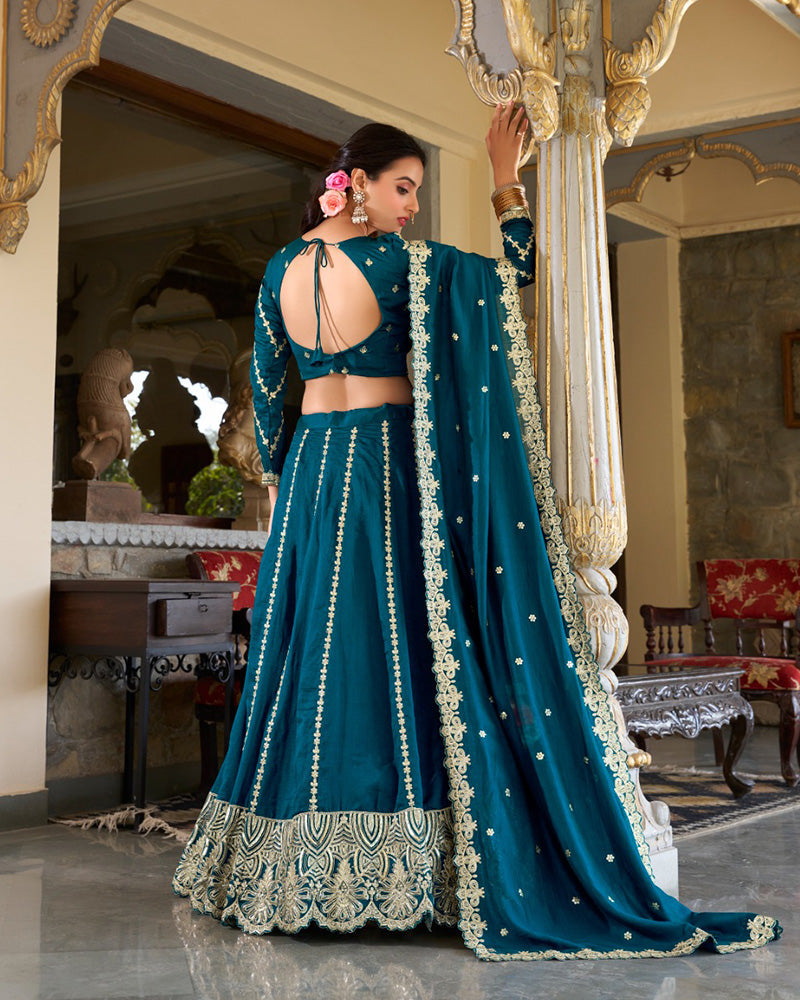 Sravya teal silk embroidered lehenga set