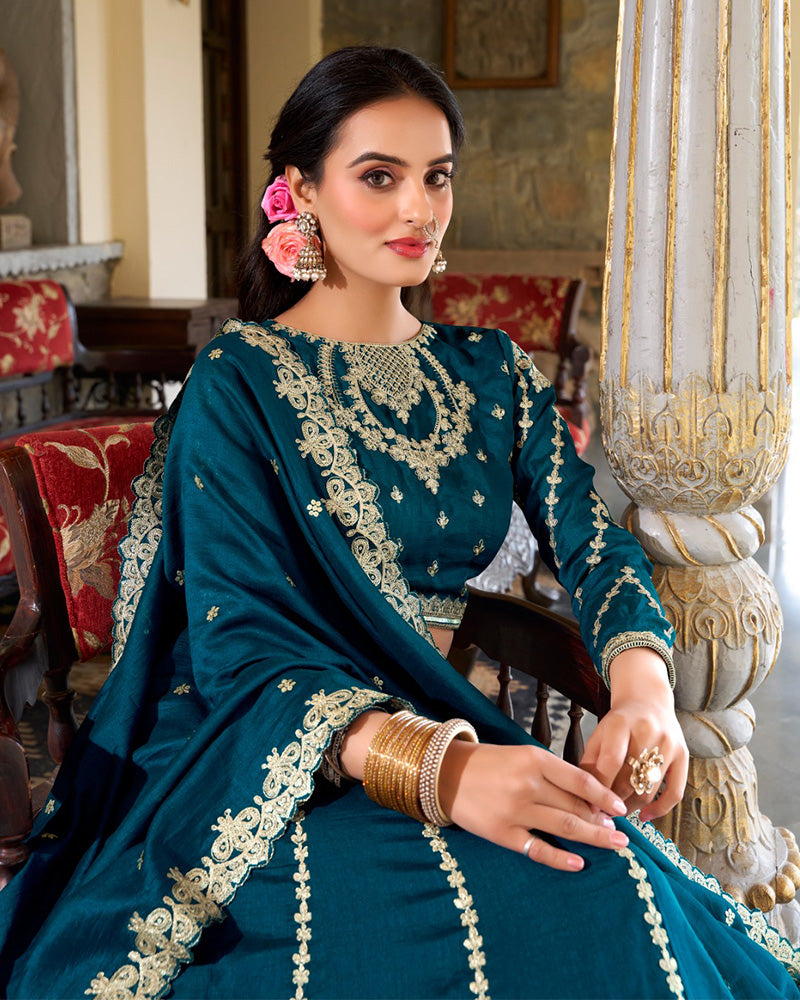 Sravya teal silk embroidered lehenga set
