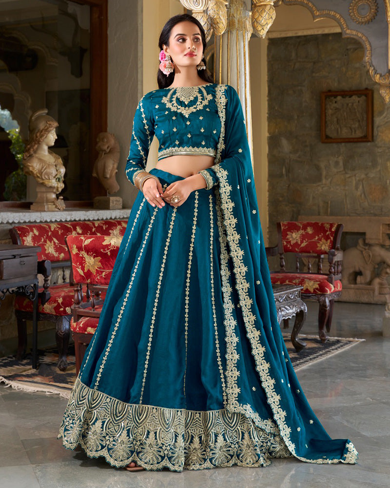 Sravya teal silk embroidered lehenga set