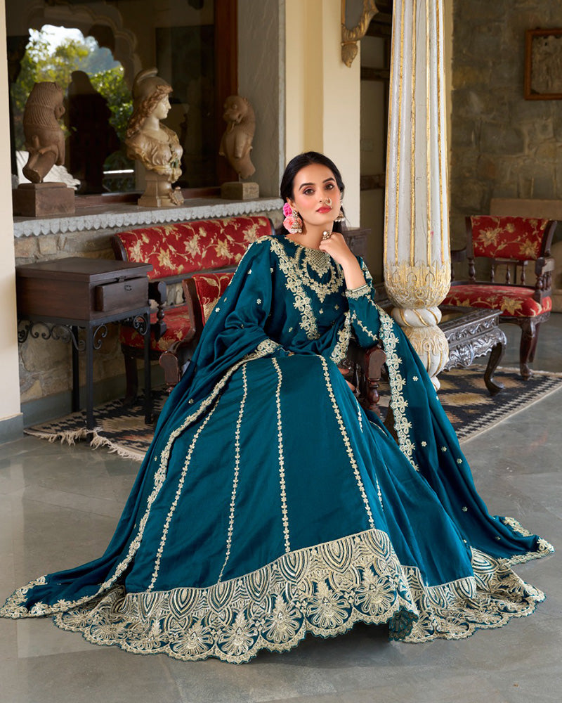 Sravya teal silk embroidered lehenga set