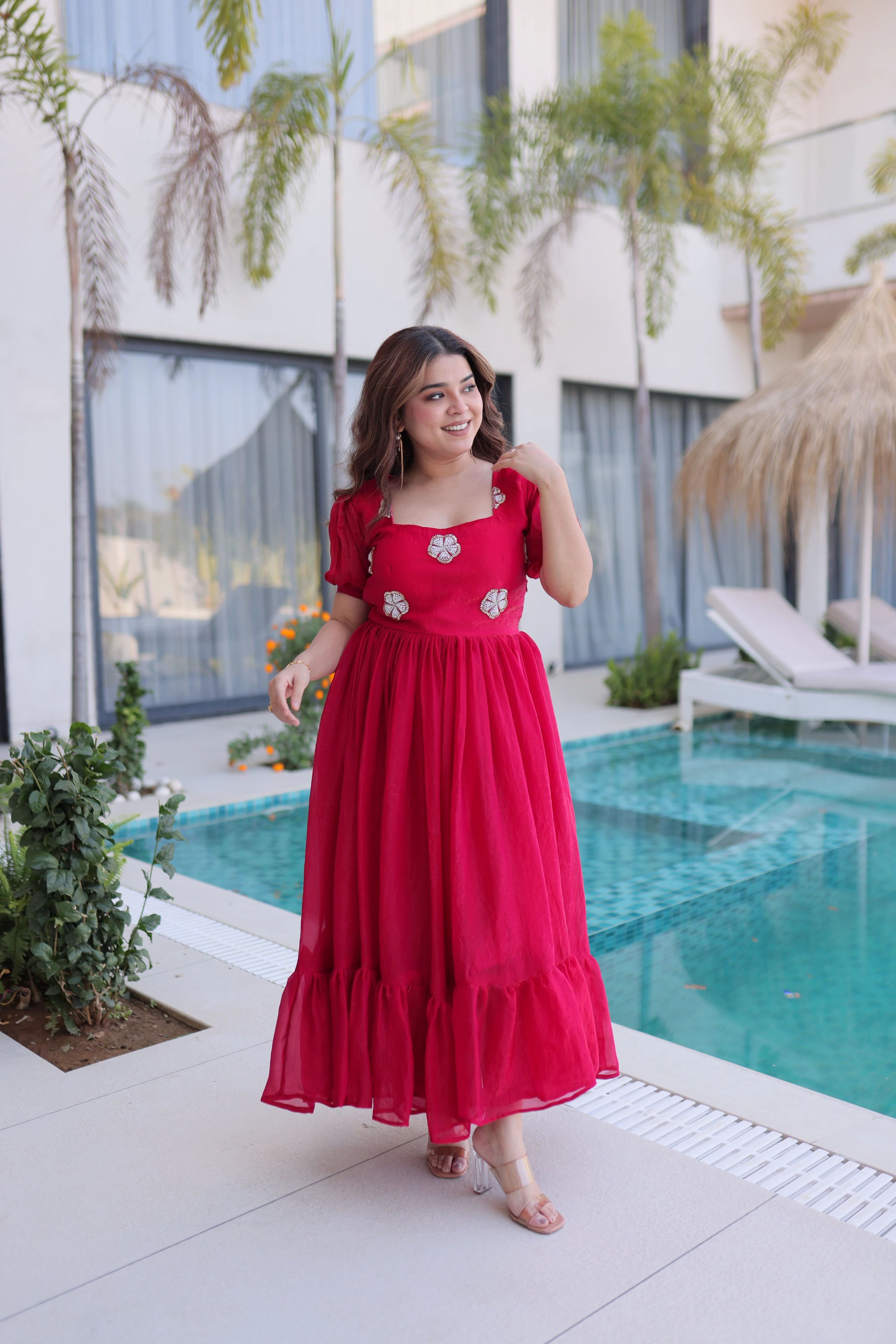 Sruvika Pink Color Fendi Silk With Beads Embroidered Work Gown