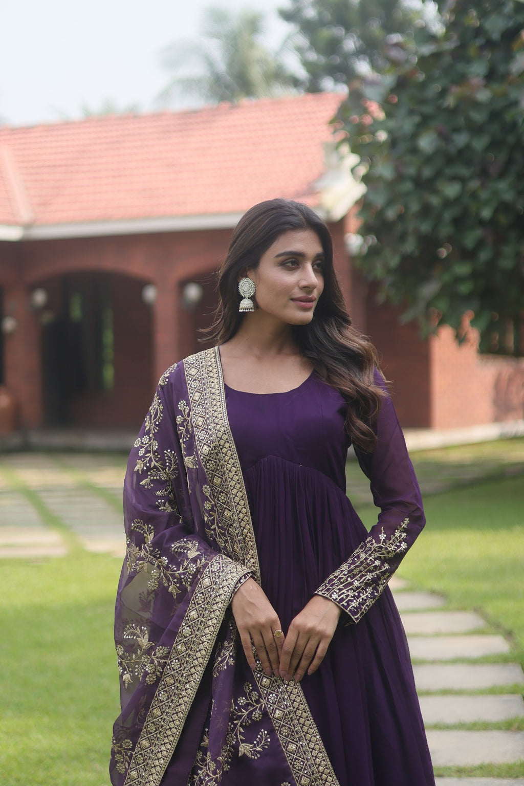Purple georgette flared Suhana designer Anarkali gown