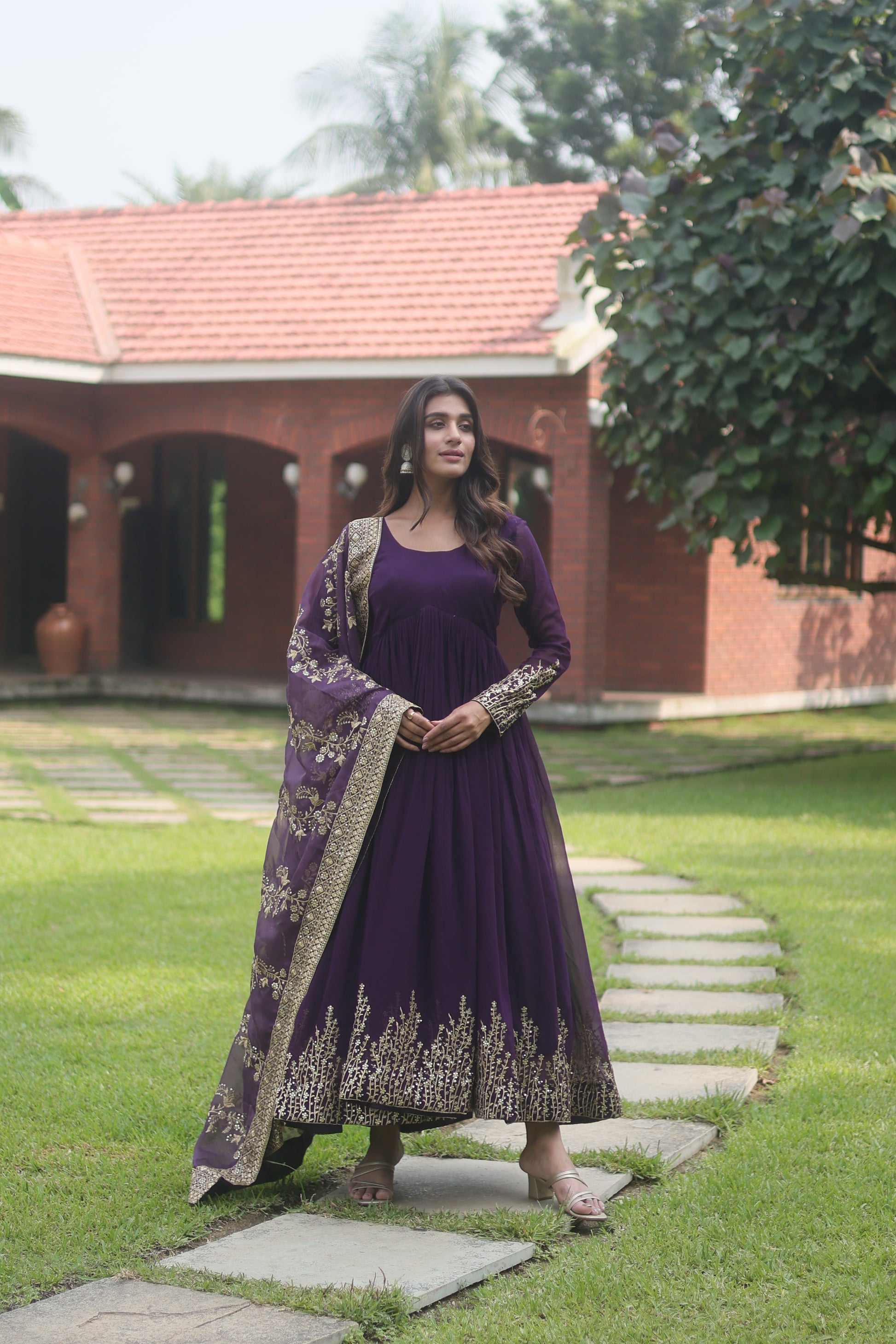 Purple georgette flared Suhana designer Anarkali gown
