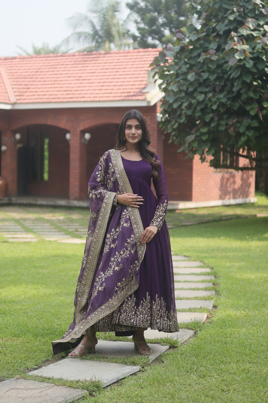 Purple georgette flared Suhana designer Anarkali gown