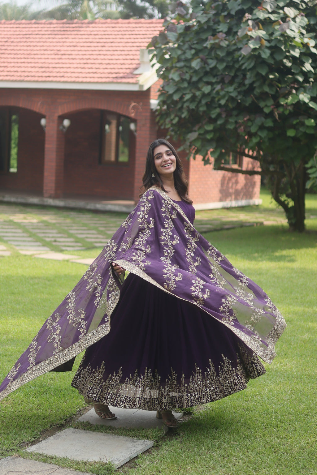 Purple georgette flared Suhana designer Anarkali gown