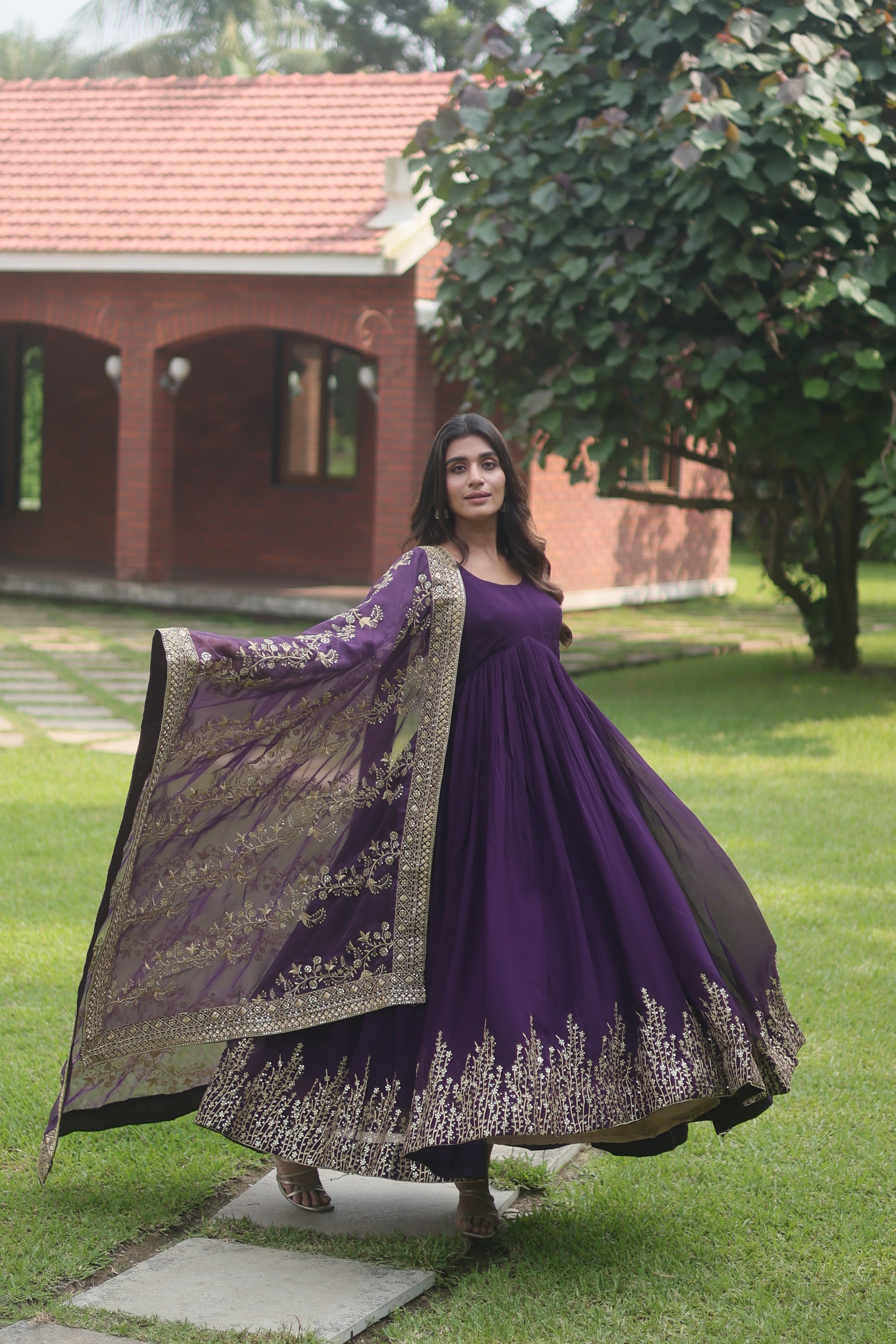 Purple georgette flared Suhana designer Anarkali gown