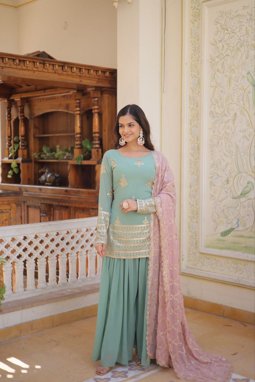 Vindhyavasini Georgette Embroidered Kurti Sharara Set