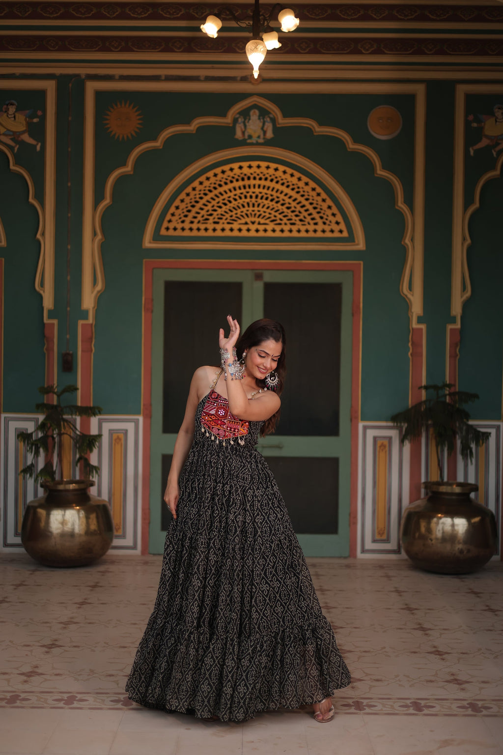 Black bandhani print georgette Taneesha designer gown