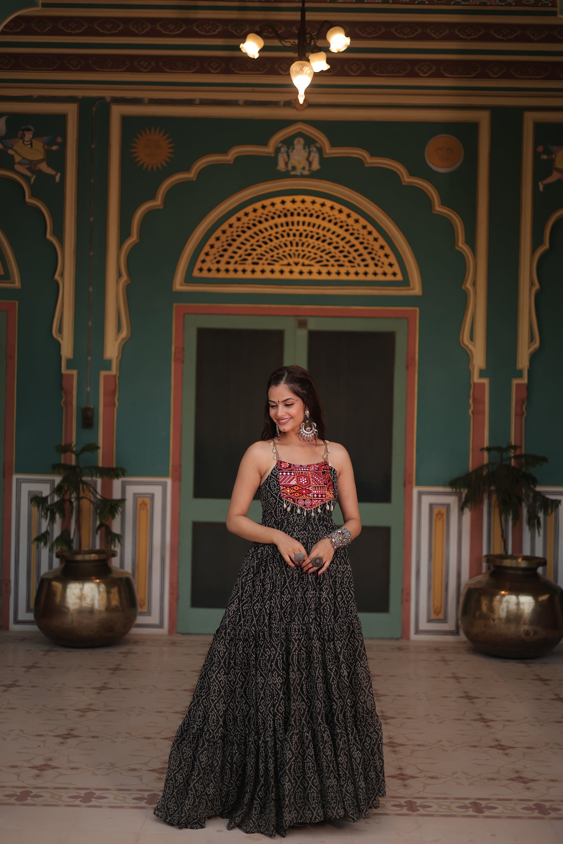 Black bandhani print georgette Taneesha designer gown