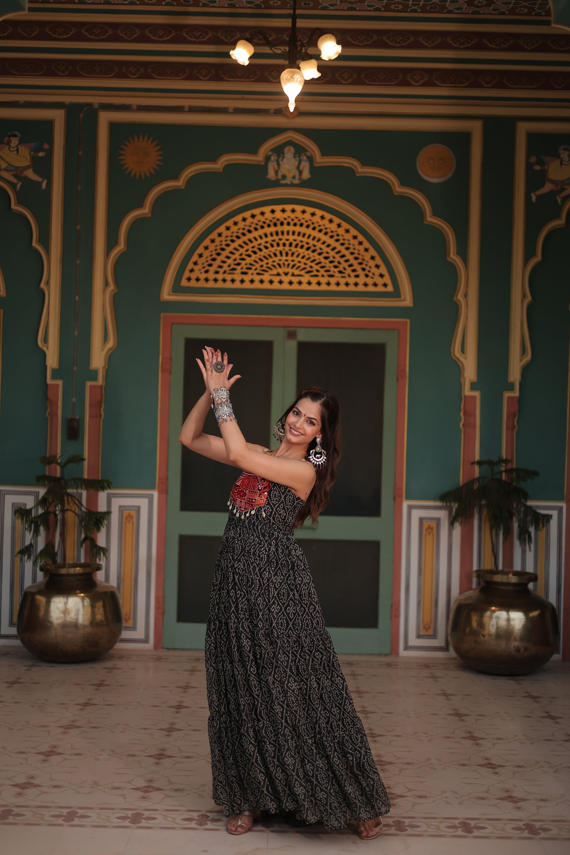 Black bandhani print georgette Taneesha designer gown