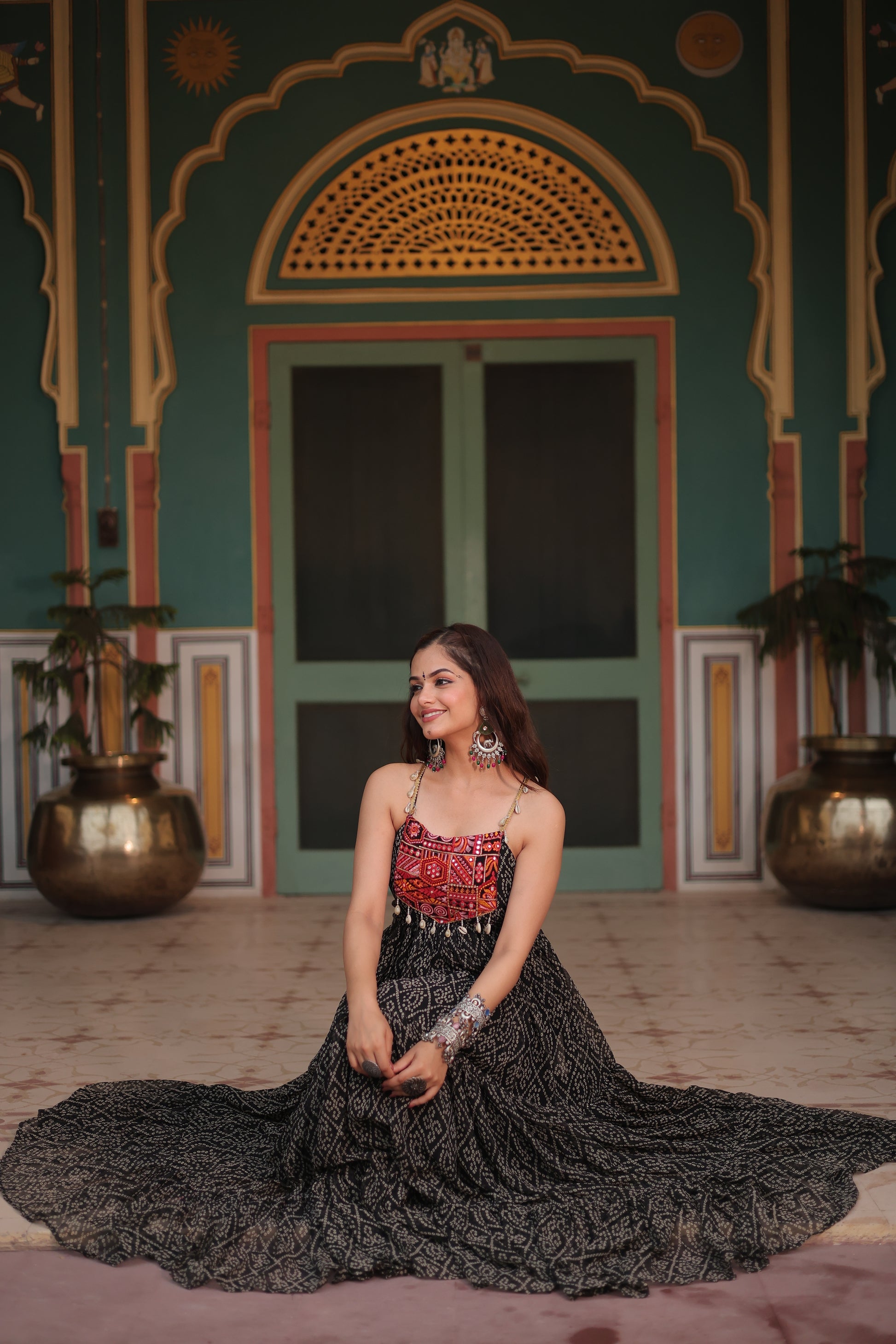 Black bandhani print georgette Taneesha designer gown