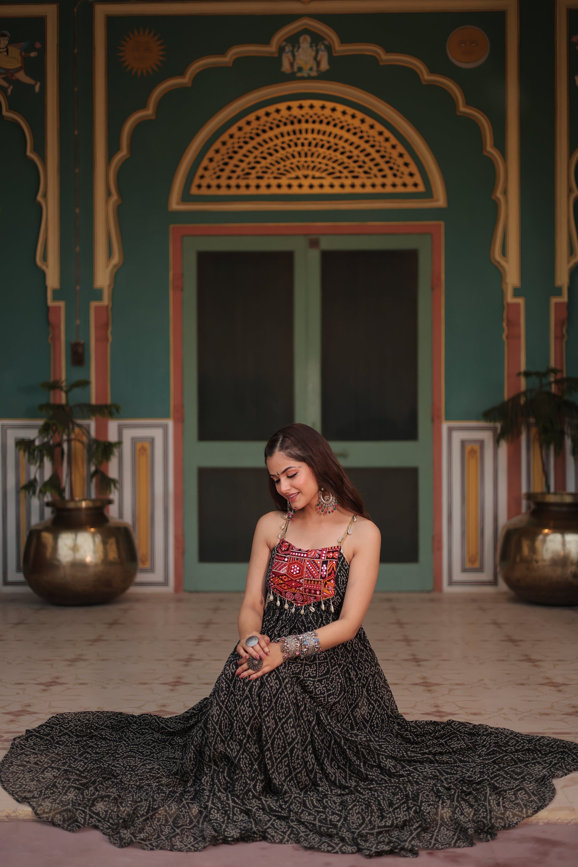 Black bandhani print georgette Taneesha designer gown
